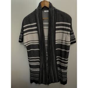 Vince Short Sleeve Striped Long Line Cardigan Oversized Cotton Black White XS